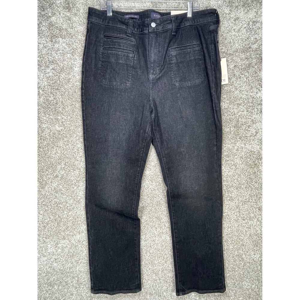 NYDJ Marilyn Straight Utility Jeans Womens 16 Black French Night High Rise NEW